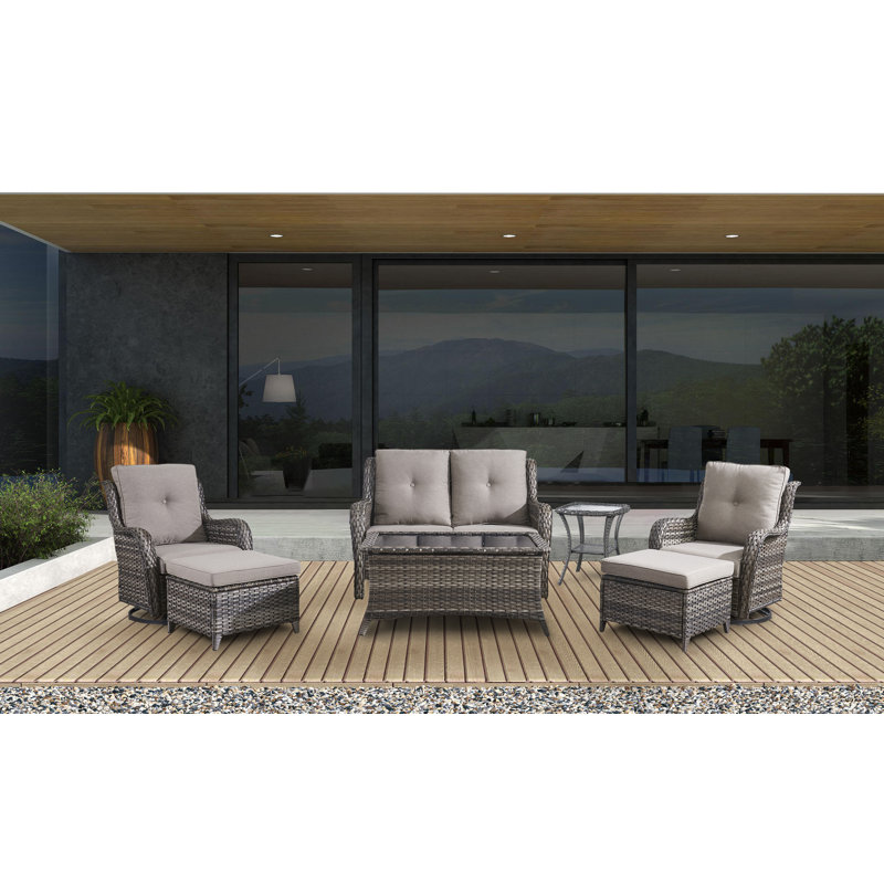 Schutt 7-Piece Outdoor PE Wicker Loveseat Set with Swivel Rockers, Side Table & Tempered Glass Coffee Table - All-Weather Patio Furniture with Ottoman Storage
