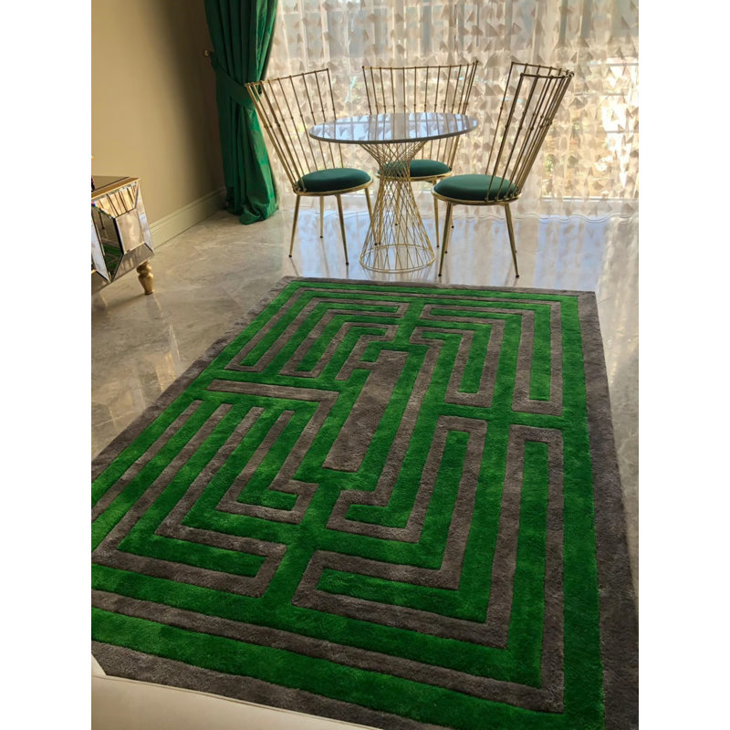 Tapis vert touffeté spécial rayé en viscose tissé à la machine, Tapis de couloir 2 pi 7 po x 6 pi 7 po