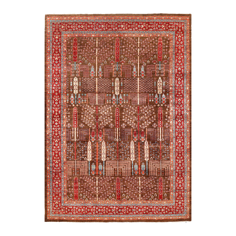Tapis brun / rouge en laine noué à la main de conception unique 9 pi 9 po x 14 pi