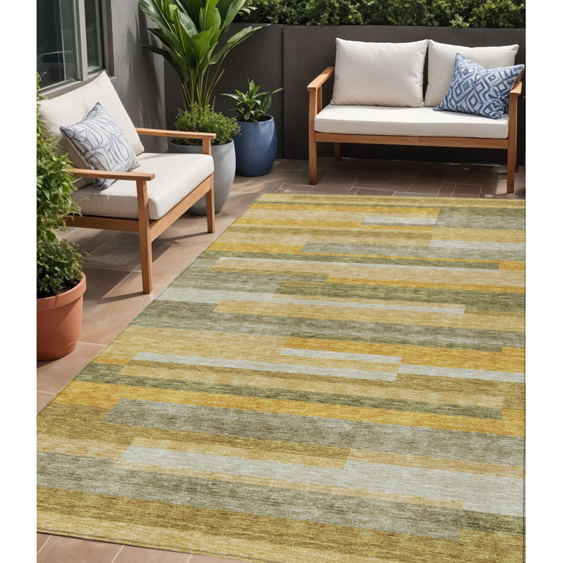 Tapis intérieur lavable rayé doré 5 pi x 8 pi doré et ivoire