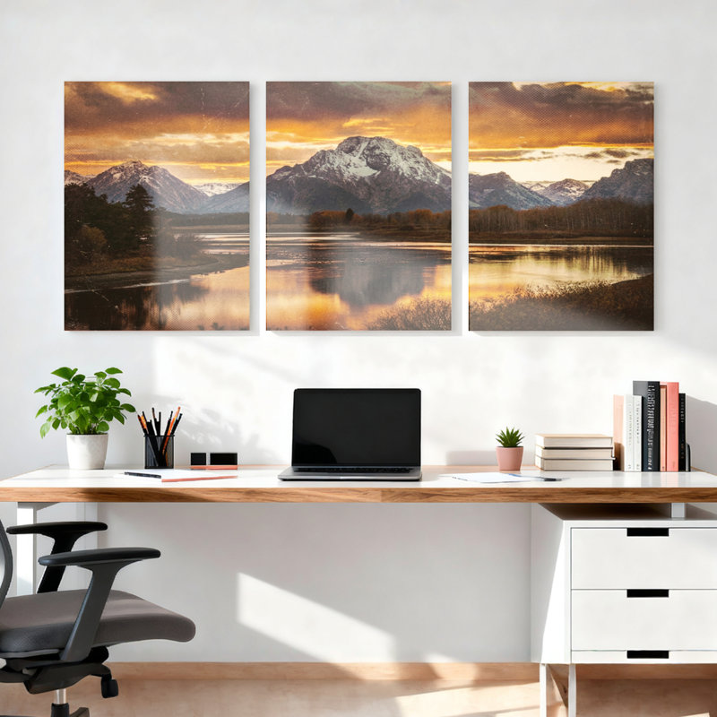 «Mountain Landscape Sunset Reflection», ensemble de 3 reproductions d'art sur toile tendues sur toile, H 18 po x l 36 po