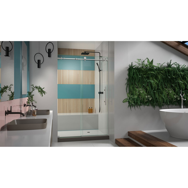 Enigma-X 44" W x 76" H Single Sliding Frameless Shower Door with Clearmax™ Technology, Brushed Stainless Steel