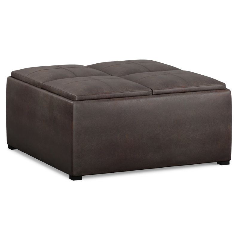 Repose-pieds de rangement pour table basse moderne carrée en cuir végétalien vieilli 35 po avec 4 plateaux Avalon, Noir