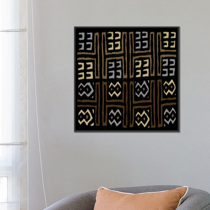 «Mudcloth Geometric Design IV», impression sur toile, H 26 po x l 26 po x P 1,5 po, Toile avec cadre noir, Pas de tapis