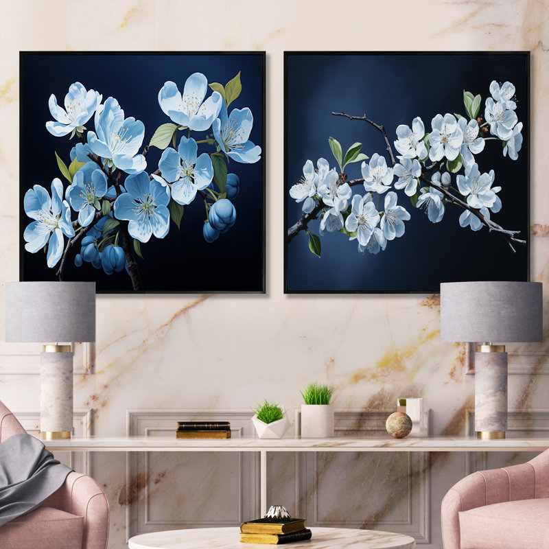 Élégance monochrome blanche à motif de fleurs de pommier blanc, Cadre flottant noir, H 16 po x l 33 po