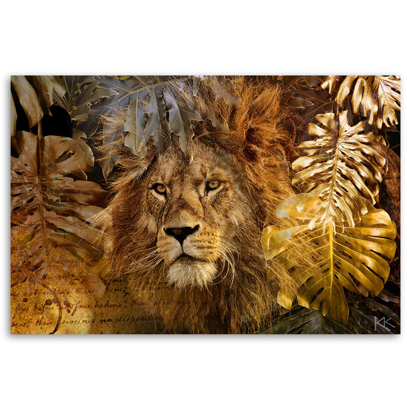 Lion And Monstera Golden Leaves - Wrapped Canvas Print