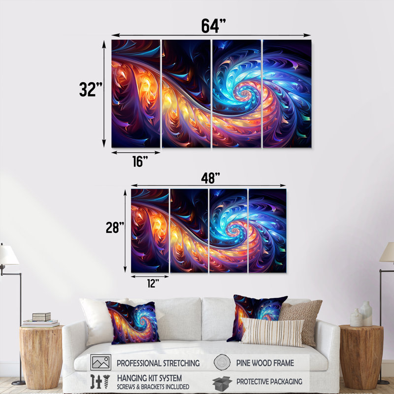 «Vibrant Fractal Glow Journey - Abstract Spirals», art mural 4 pièces, H 28 po x l 48 po