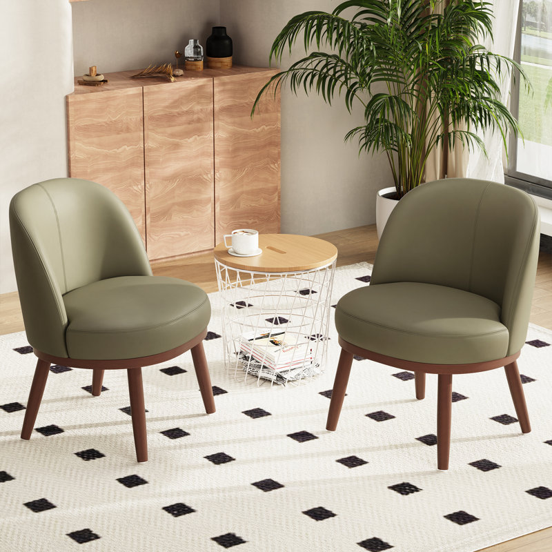 Modern Barrel Faux Leather Upholstered Accent Chair with Solid Wood Legs, Olive