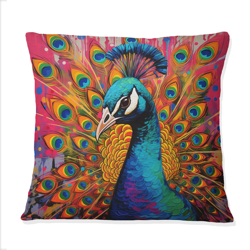 Coussin rose sarcelle Pop Art - imprimé paon