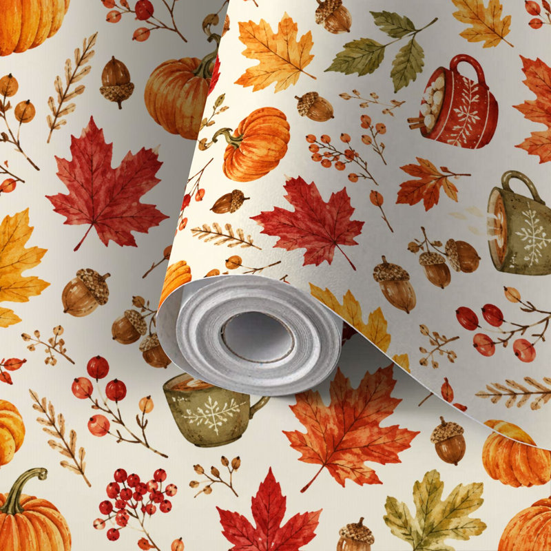 Papier peint auto-adhésif à peler et coller, citrouilles d'automne, feuilles, glands, boissons chaudes, auto-adhésif et amovible