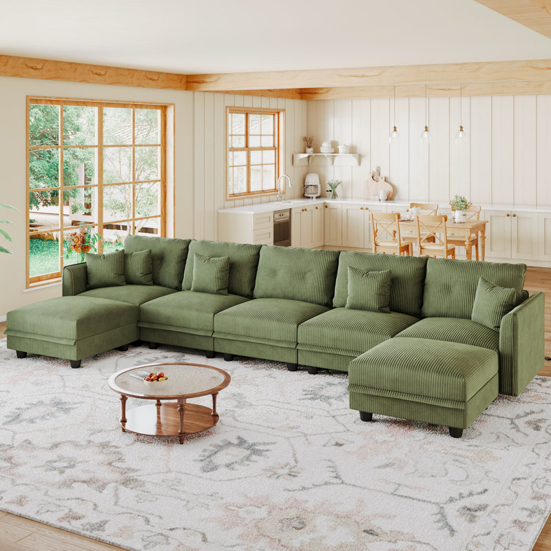 7 Seat Corduroy Convertible Modular Sectional Sofa With Storage, 5 Back Cushion 5 Throw Pillow, Green Corduroy