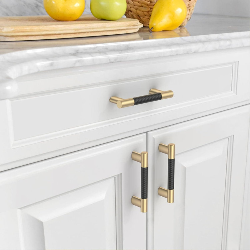 Paquet de 10 poignées et poignées d'armoire moletées, trou central de 3 pouces, fabrication en alliage de zinc avec finition noire et dorée pour les armoires de cuisine, les tiroirs et les meubles