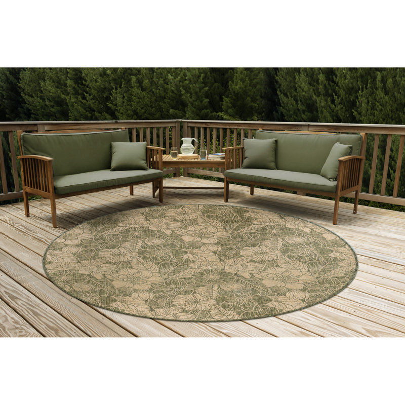 Carmel Botanical Indoor/Outdoor Rug in Green, Round 7'10"
