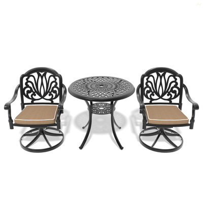 Ensemble de 3 chaises de salle à manger en aluminium toutes saisons, 2 chaises pivotantes et une table ronde de 30,71 po, de couleur noire, d'aspect de siège confortable, de fusion d'assemblage simple, d'attribut et d'ingrédient facile