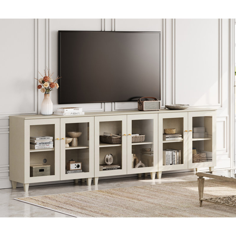 Meuble télé 3 en 1 avec portes en verre, console multimédia avec tablettes réglables et gestion des câbles, Beige