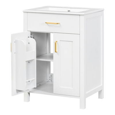 Meuble-lavabo 24 po avec lavabo en céramique - Économiseur d'espace élégant. L 24,2 po x P 18,5 po x H 34 po. Bois massif et fabrication. Poignées dorées. 2 portes à fermeture en douceur. De nombreuses options de rangement. Lavabo moderne