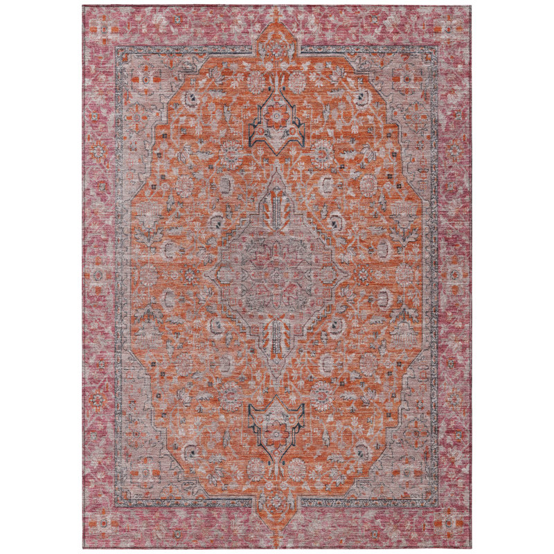 Tapis intérieur lavable à médaillon orange et rouge 5 pi x 8 pi