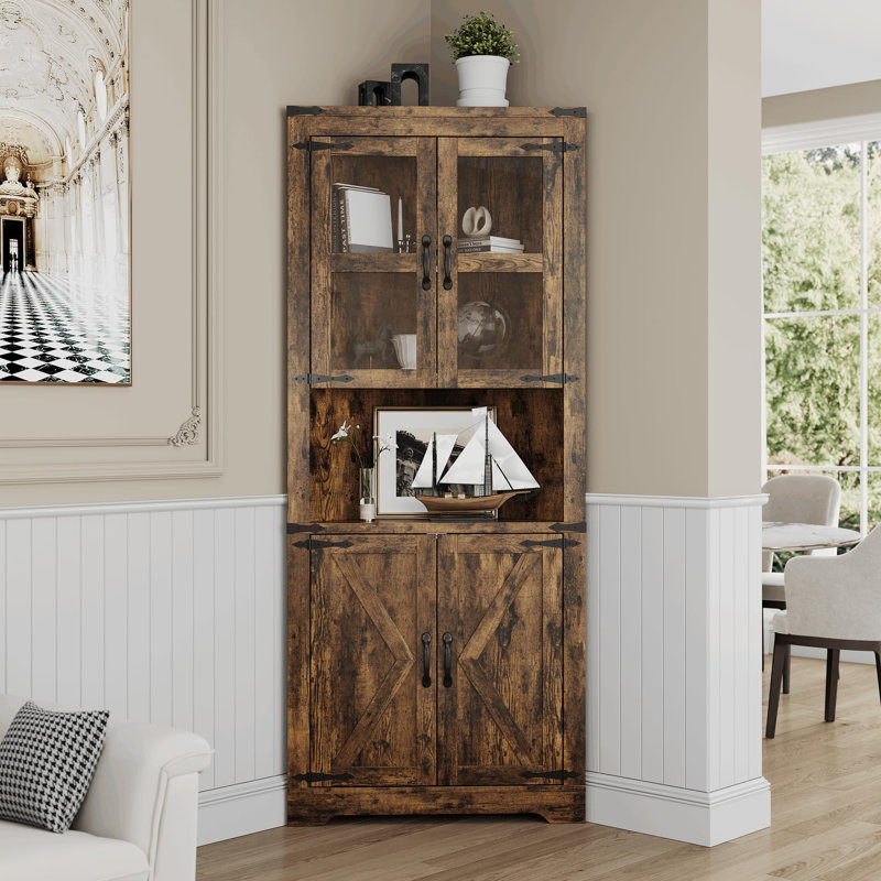 Tall Corner Cabinet, Farmhouse Corner Storage Cabinet with Glass Door & Adjustable Shelves, Space Saving Storage, Brown