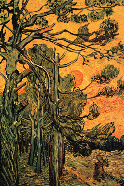 Pins sur un ciel rouge avec soleil couchant par Vincent Van Gogh - reproduction, H 66 po x l 44 po x P 1,5 po