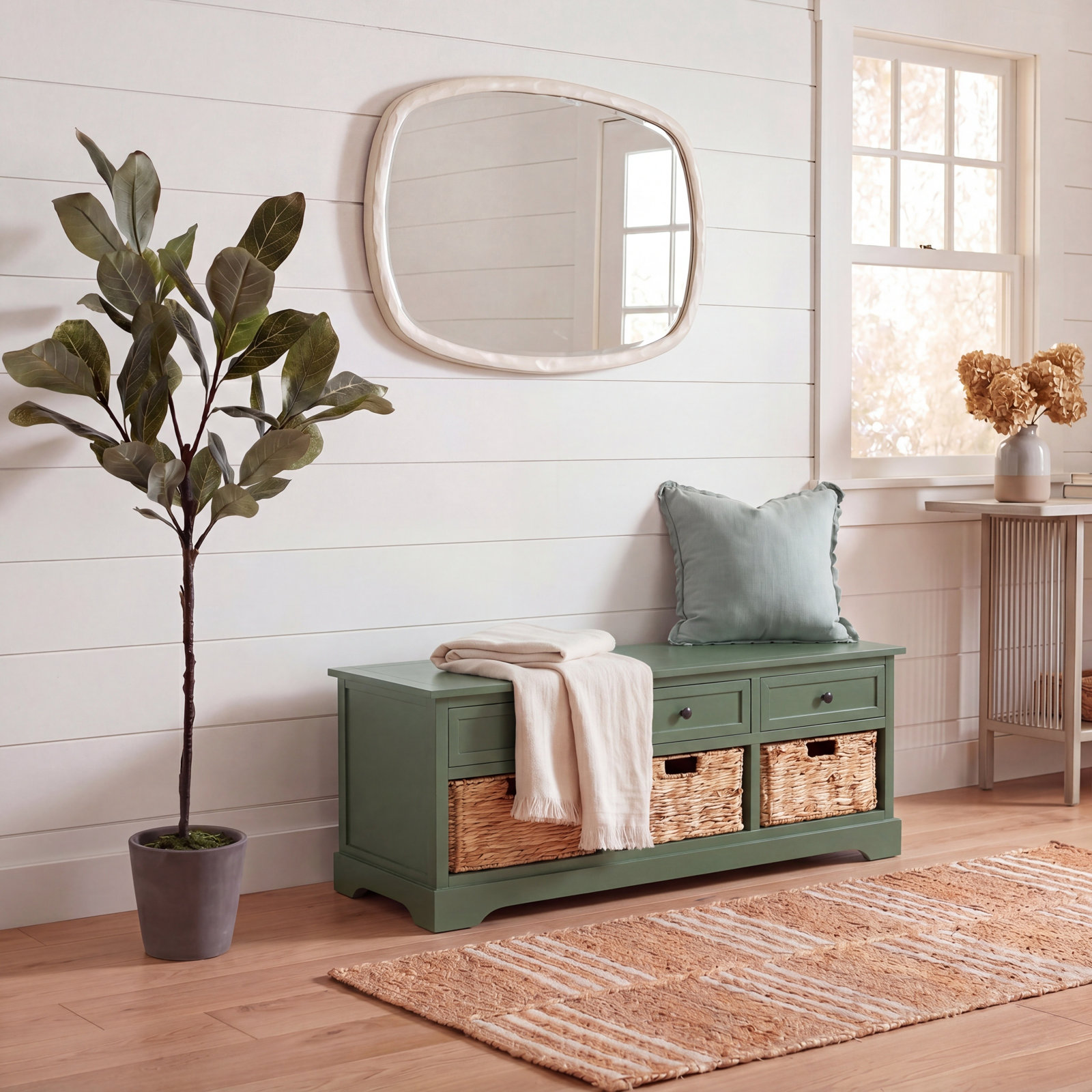 Adayla Solid Wood Drawers Storage Bench, Dusty Green