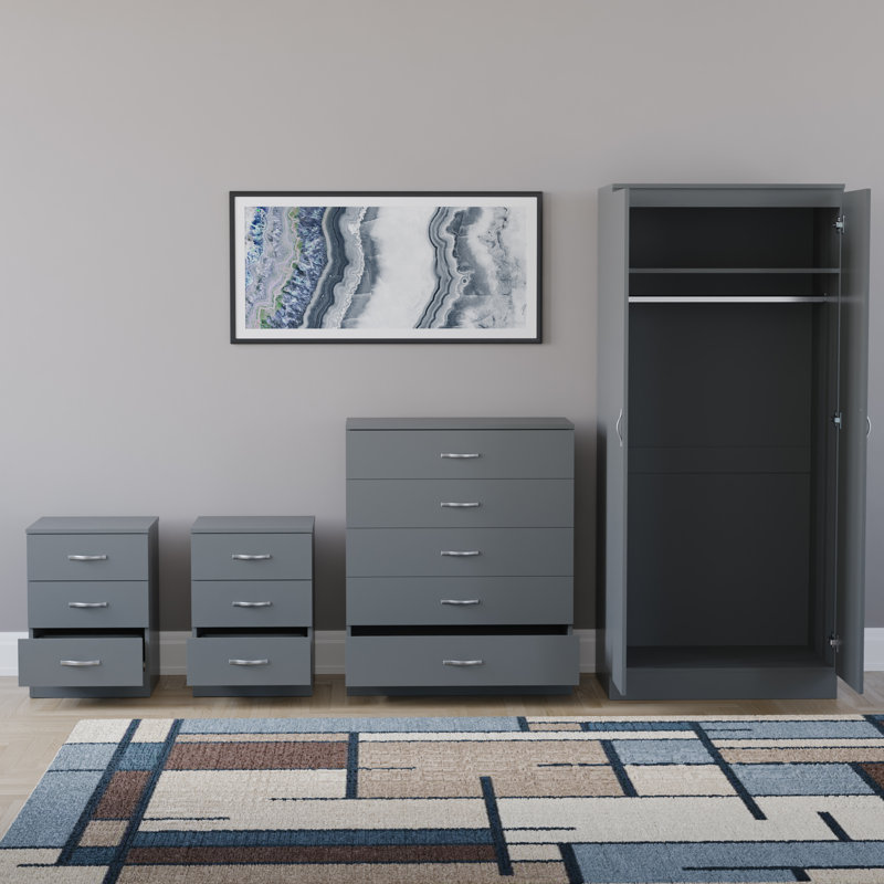 Tayce 4 Piece Bedroom Set (3 Drawer Bedside Cabinet X2, 5 Drawer Chest, 2 Door Wardrobe), Grey
