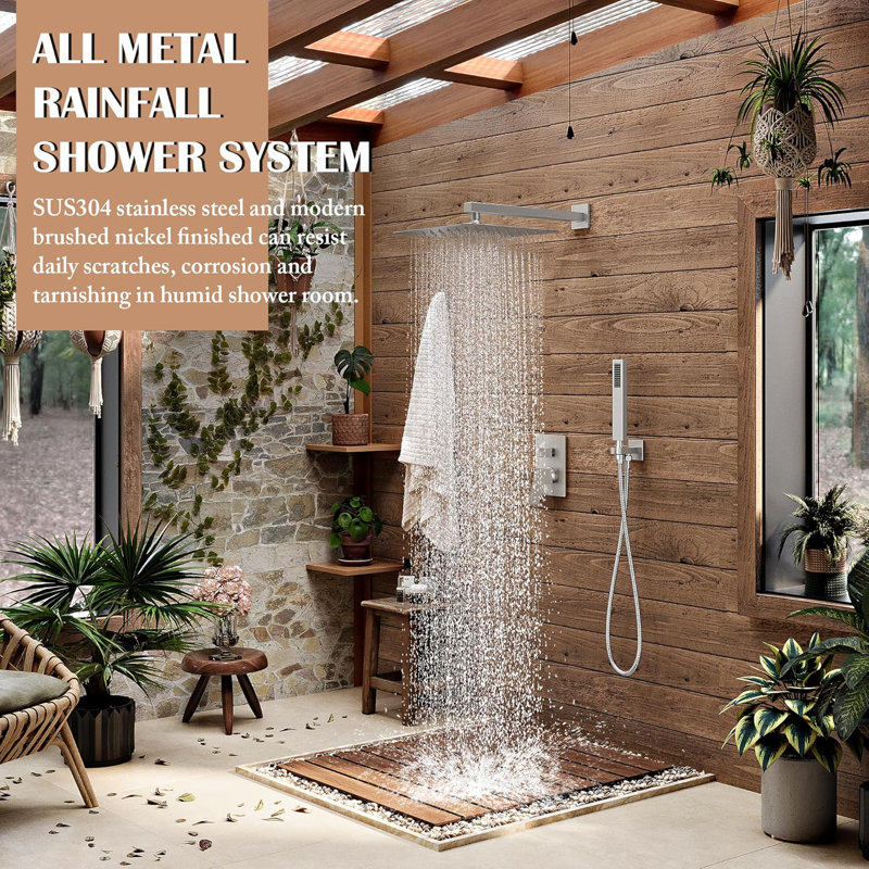 Système de douche de luxe Alesco avec pomme de douche à pluie haute pression et douchette combinée, fabrication en laiton massif avec finition brossée, valve et ensemble de garniture inclus