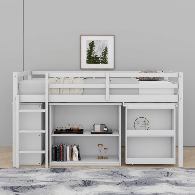 Lit mezzanine simple avec armoire à tiroirs, armoire à tablettes et bureau, Blanc