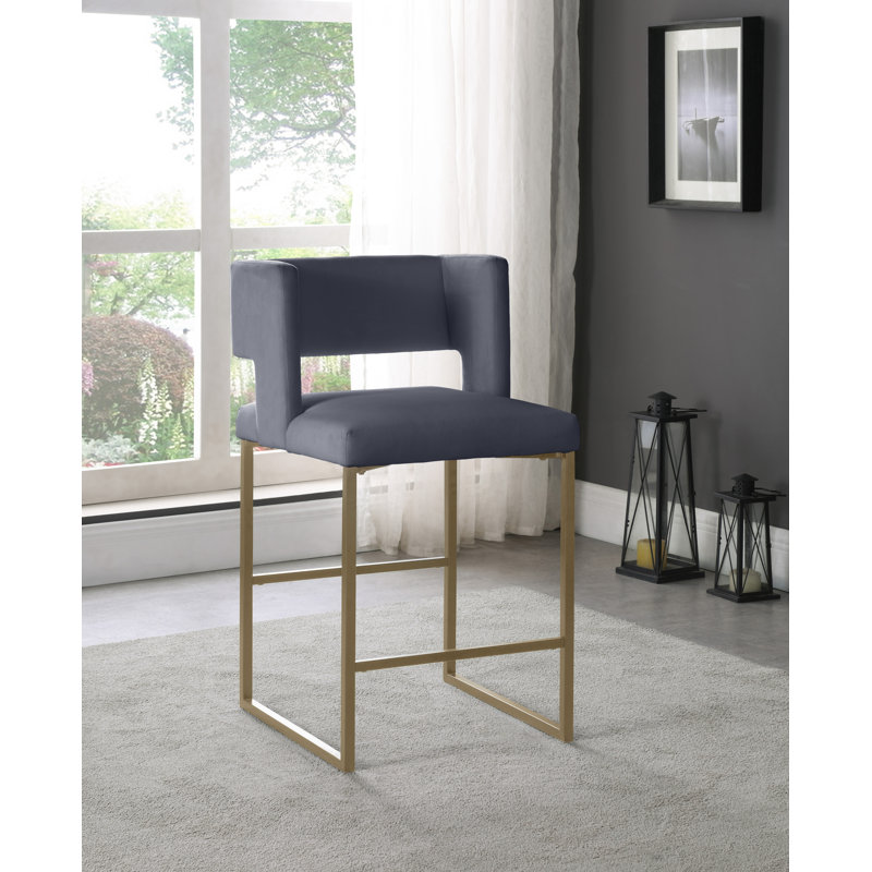 Caleb 26" Counter Stool, Brushed Gold, Grey Velvet