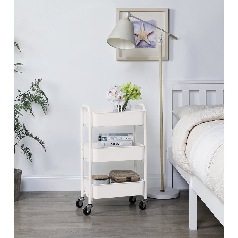 White Compact 3-Tier Metal Rolling Utility Cart with Caster Wheels