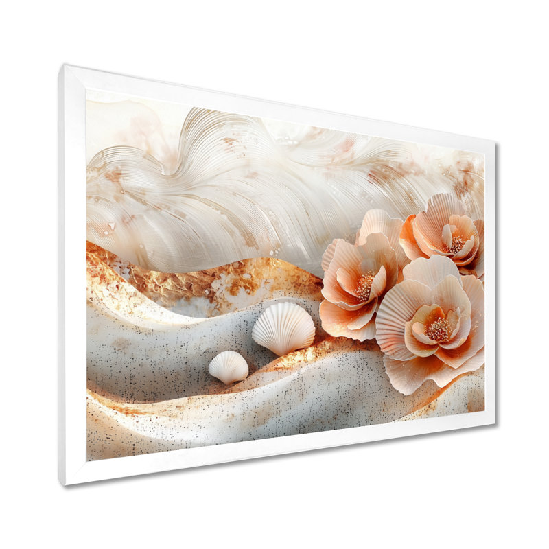 Coquillage blanc et paysage de plage marbré II - art mural bord de mer, H 24 po x l 32 po, Cadre simple, Blanc