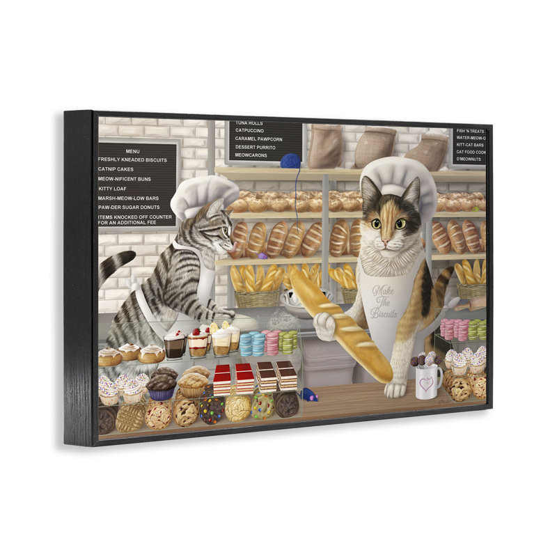  «Meow Bakery», art giclée de chats rigolos par Mehu Art, Giclée encadrée noir minuit, H 12 po x l 18 po