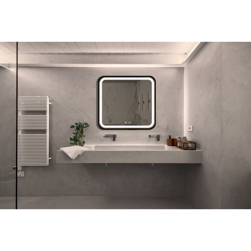 Miroir de meuble-lavabo de salle de bain 32 po x 32 po avec fond de panier, cadre en alliage d'aluminium noir, luminosité élevée, tactile à intensité variable, contrôle de l'interrupteur mural, antibuée, réglable IRC 95 3000K-4500K-6000K, IP54 Wat