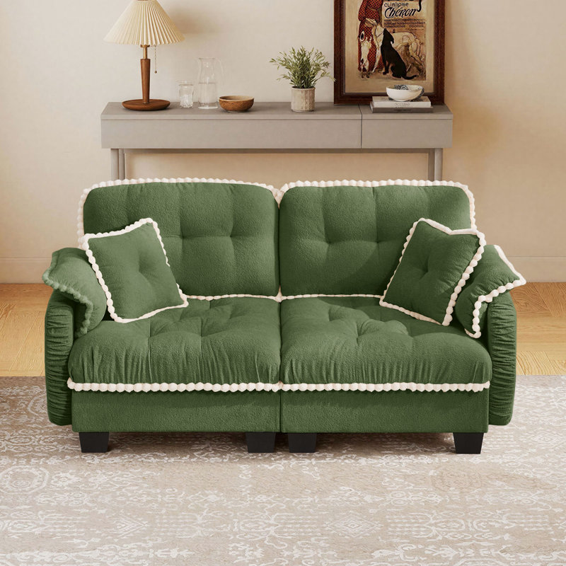 Canapé en chenille avec 4 coussins et garniture à pompons, Green Chenille