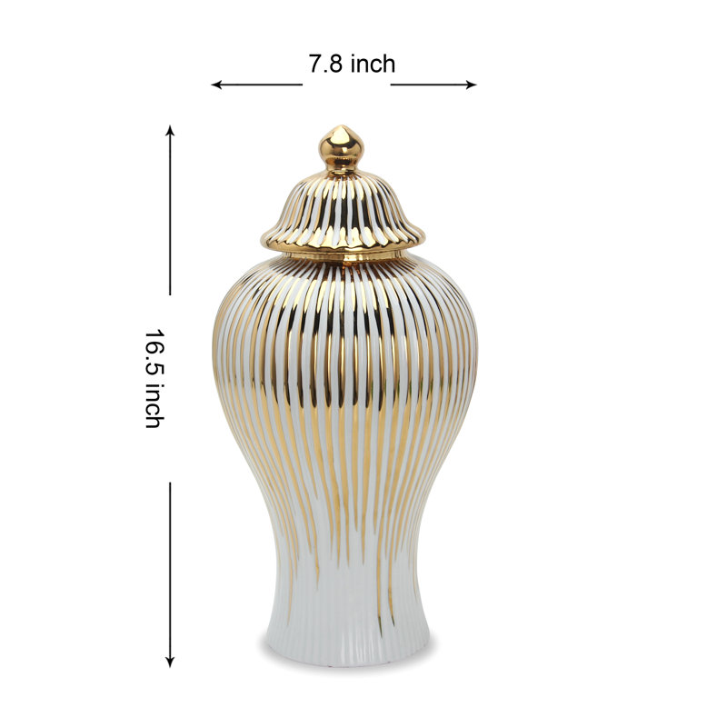Vase en céramique avec couvercle Gaida, Blanc / Doré, Grand