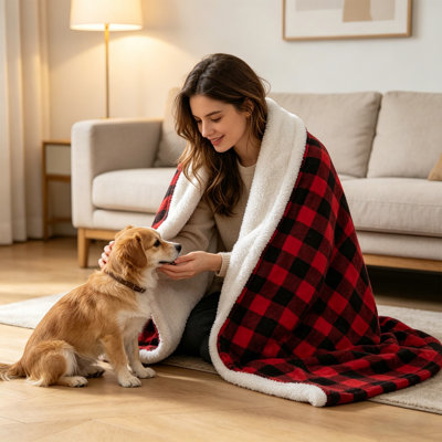 Red And Black Plaid Flannel Sherpa Throw Blanket,60" x 80" Reversible.
