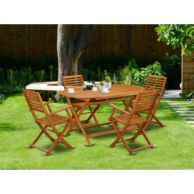 5 Piece Patio Dining Set Includes an Oval Outdoor Acacia Wood Table and 4 Folding Arm Chairs, 36x60 Inch, Natural Oil
