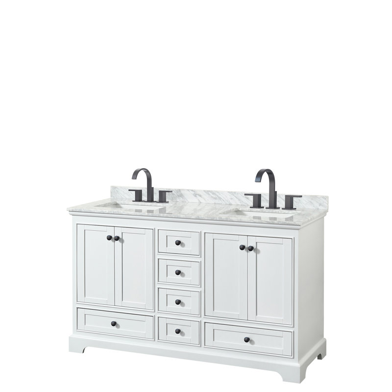Deborah 60" White and Gold Double Bathroom Vanity with Marble Top