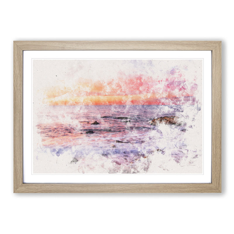Beach in Spain Watercolour - Picture Frame Graphic Art Print, Oak Framed, 62cm H x 87cm W x 2cm D