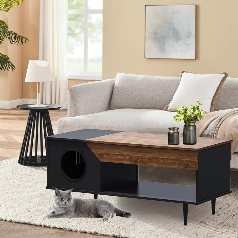 Table basse noire 45 po avec tiroir de rangement et table basse en bois avec chat, Brun