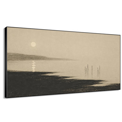 Très grande reproduction d'art sur toile - Paysage minimaliste brumeux avec un horizon doux et un reflet du soleil, une silhouette de rivage calme et une scène d'ambiance zen beige discrète pour le salon ou la chambre à coucher - "Assemblage requis (cadre non fini)"