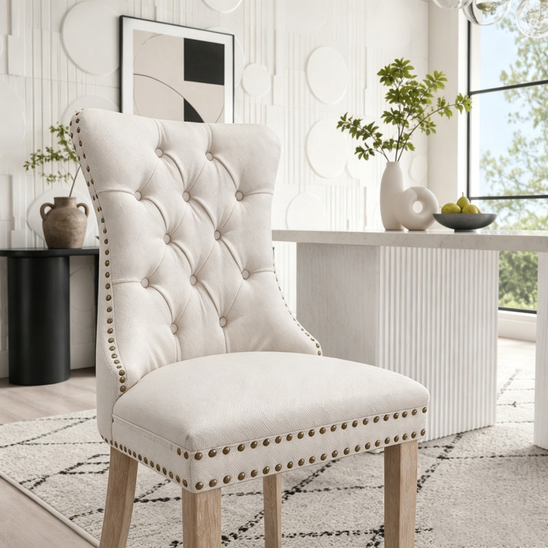 Chaise rembourrée en bois massif, Beige-1