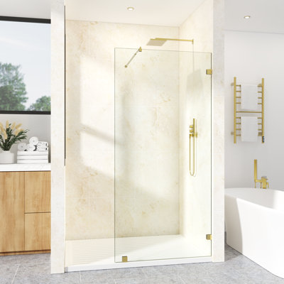 Panneau de douche fixe sans cadre de 61 cm (L) x 193 cm (H) avec verre trempé transparent de 9,5 mm, film résistant aux éclats et barre télescopique réglable