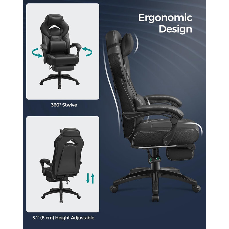 Songmics Adjustable Reclining Ergonomic Faux Leather Swiveling PC & Racing Game Chair with Footrest, Black