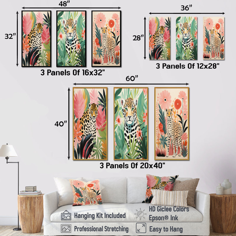 «Green and Pink Leopard Tropical Elegance I», ensemble de 3 reproductions d'art léopard, Cadre flottant brun