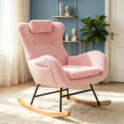 Chaise berçante, fauteuil oscillant rembourré Teddy avec dossier haut, appui-tête et poche réglables, fauteuil coulissant confortable pour chambre de bébé, chambre à coucher, salon, bureau, bois d'hévéa