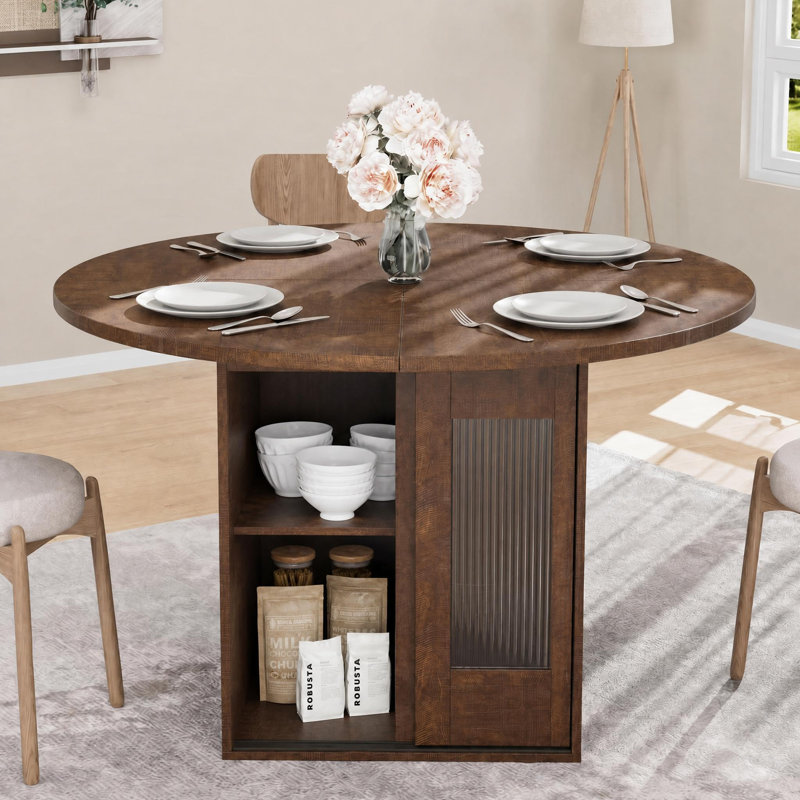 Table de salle à manger 47 "ronde pour 4 à 6 personnes, table de cuisine carrée moderne avec tablettes de rangement à 2 niveaux, porte coulissante en verre cannelé, grain de bois brun