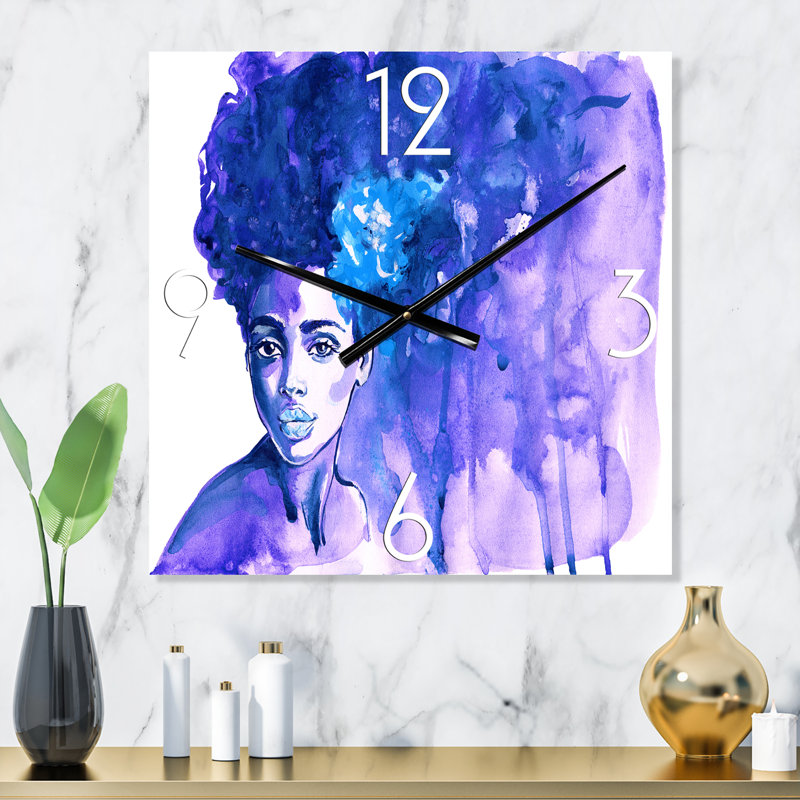 Glorious Blue Portrait of African American Woman - Horloge murale moderne, Grand
