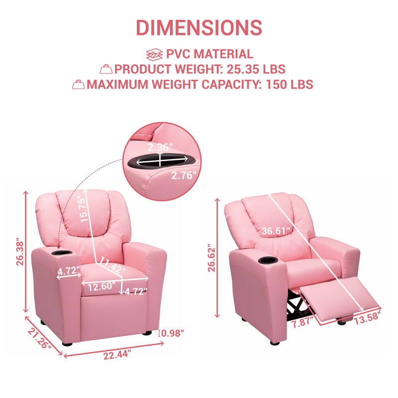 Roomy Kids' Recliner Chair with Cup Holder, Toddler Recliner With Push-Back Design, and Adjustable Footrest, Pink PVC