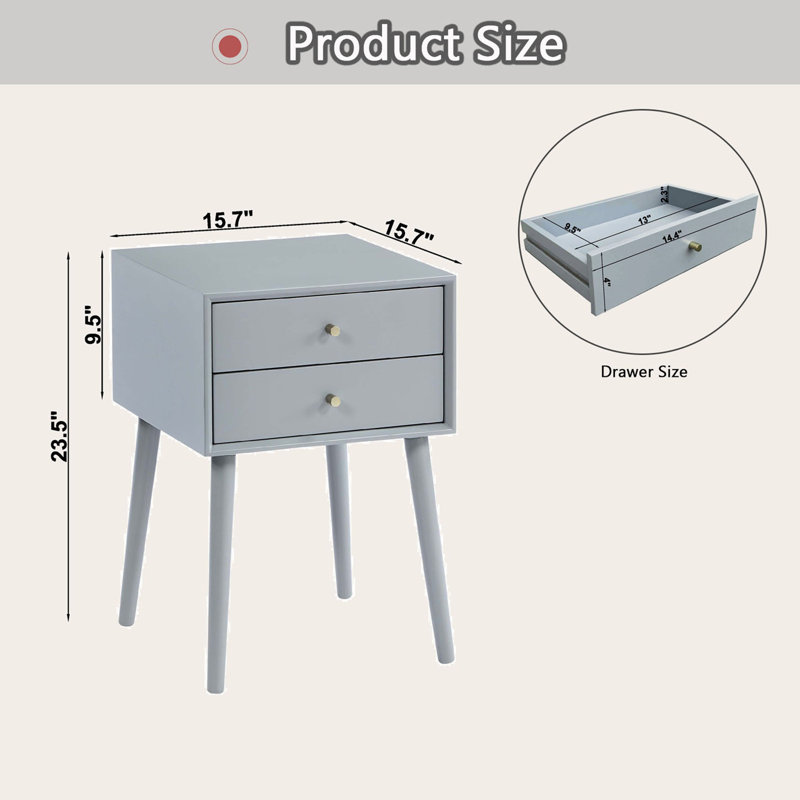 Table de chevet avec 2 tiroirs, petite table de bout avec rangement, commode de chevet, Gris