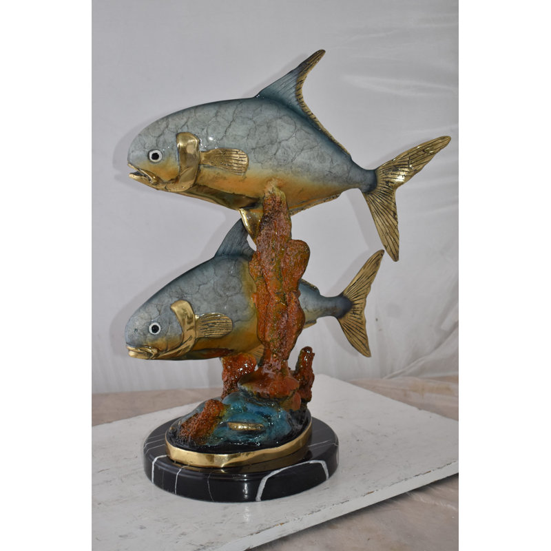 Statue bronze deux poissons Nicolai nageant dans l'océan, taille: 13 po x 19 po x H 25 po